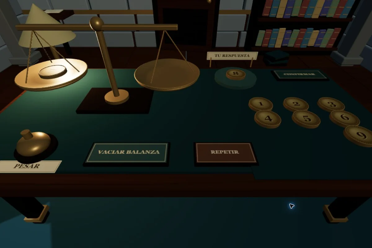 El gabinete tridimensional de la balanza, con una mesa, monedas y una biblioteca.