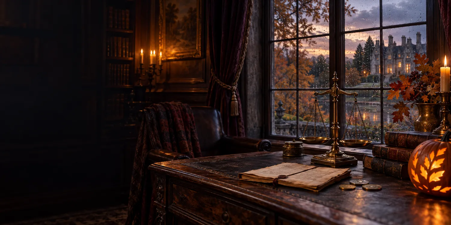 Una balanza y monedas sobre el escritorio de una biblioteca, con luz de velas y una calabaza junto a la ventana.